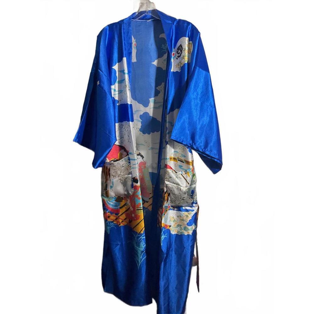 Vibrant Blue Kimono Robe with Artistic Print XL